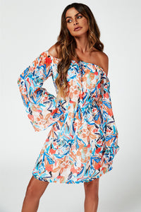 Flute Sleeve Bardot Dress With Tie Detail In Orange