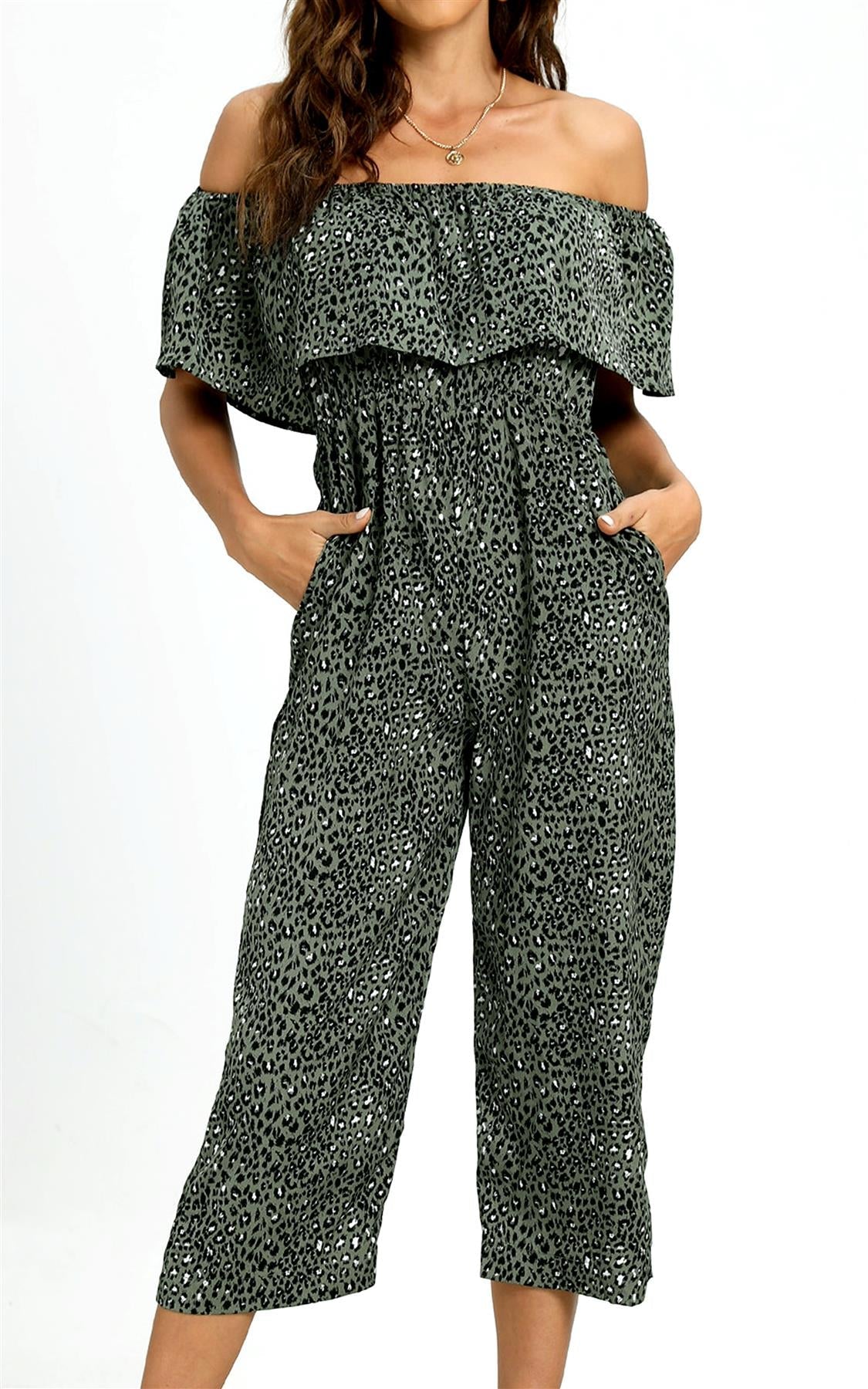 Leopard Print Bardot Ruffles Hem Jumpsuit In Khaki Green