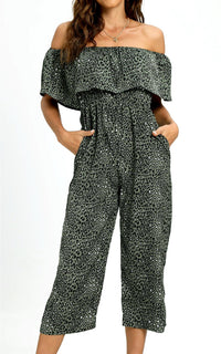 Leopard Print Bardot Ruffles Hem Jumpsuit In Khaki Green