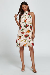 Floral Print Halter Neck Tie Back Mini Dress In Off White