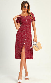 Polka Dot Button Detail Slip Midi Dress In Red