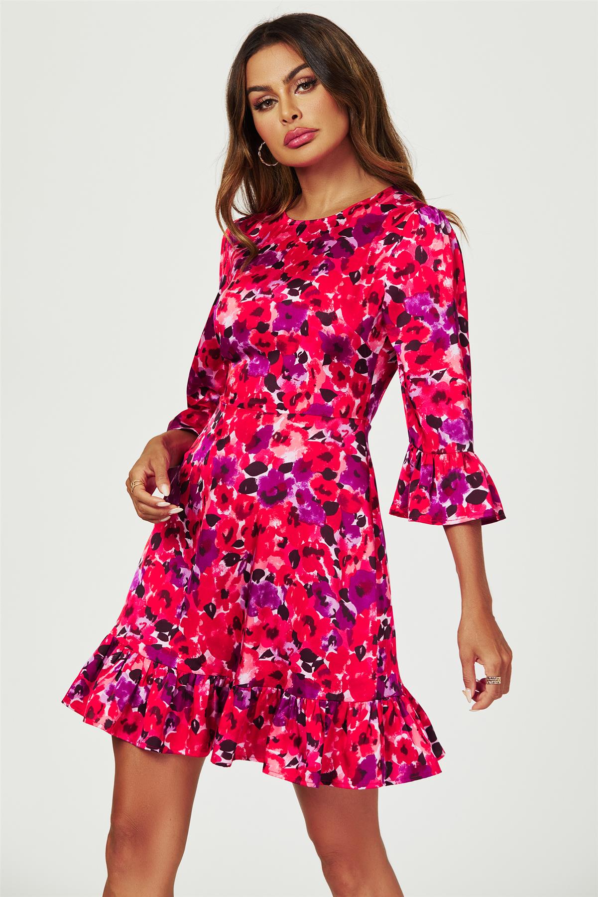 Abstract Floral Print Mini Dress In Red