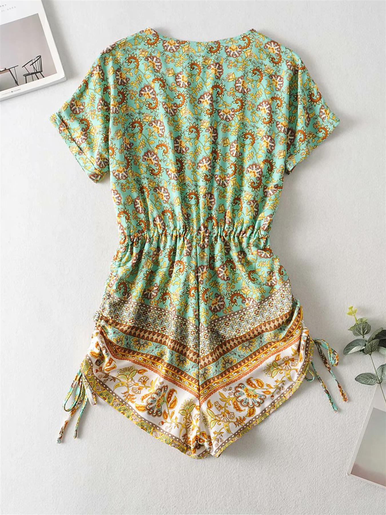 Playsuit With Drawstring Detail In Mint and Yellow Mixed Print