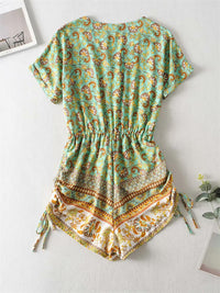 Playsuit With Drawstring Detail In Mint and Yellow Mixed Print