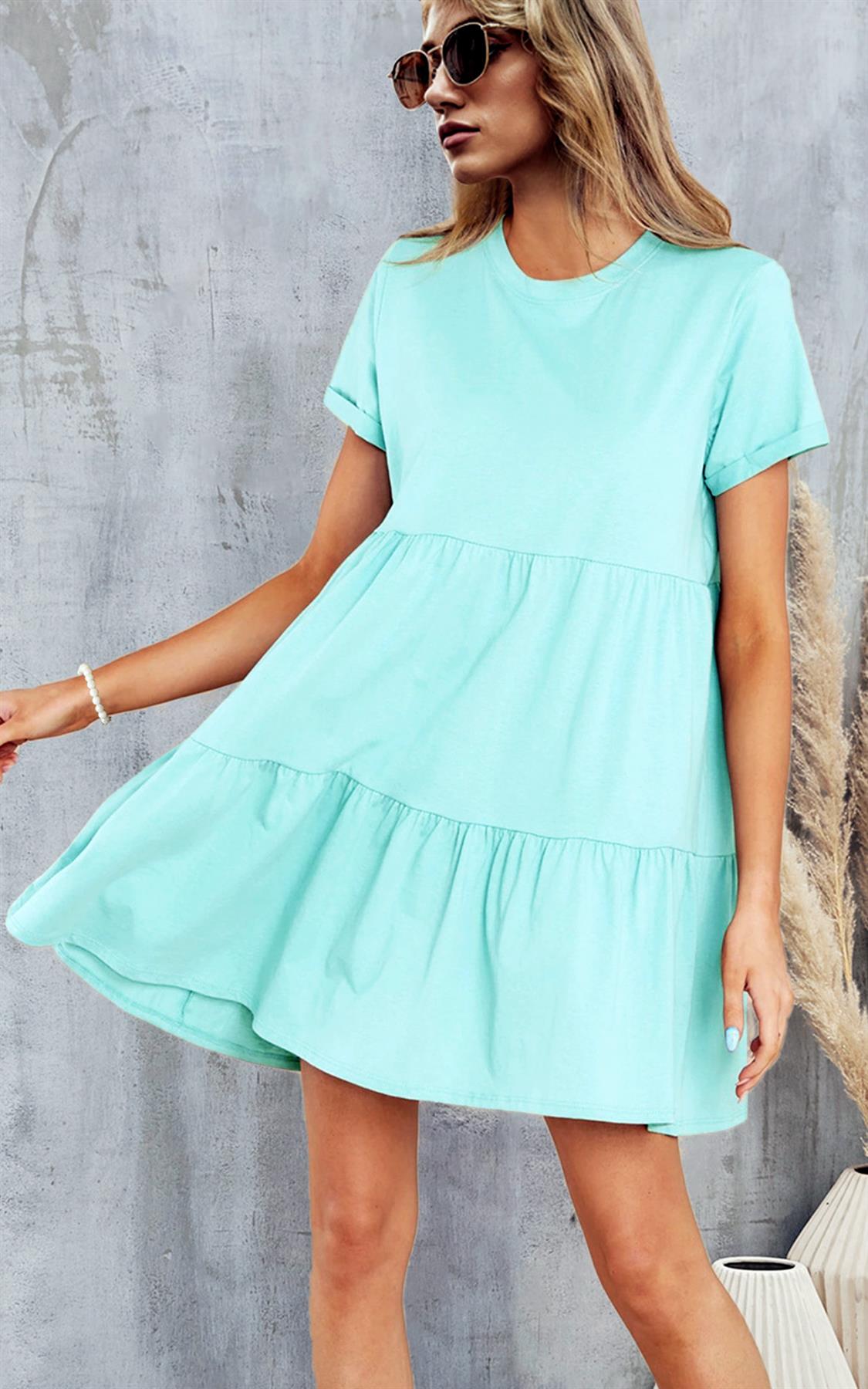 Mint Blue Tiered Mini Smock Tshirt Dress