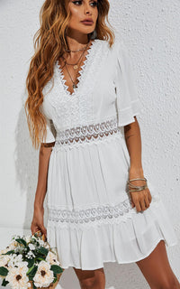 V Neck Lace Mini Dress In Ivory White