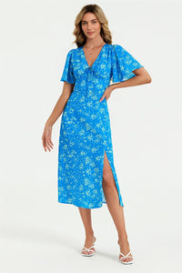 Green Floral Print Angel Sleeve Midi Dress In Blue