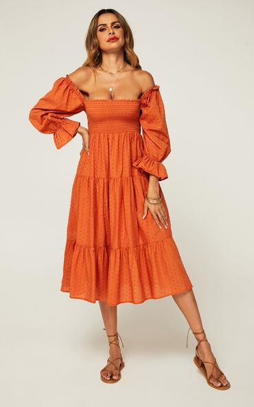 Puff Frill Sleeve Elasticated Detail Midi Dress In Orange