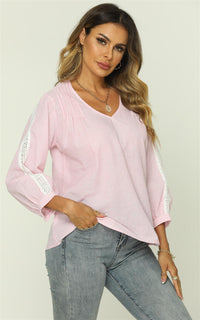 Strip Print V Neck Lace Trim Sleeve Top In Pink