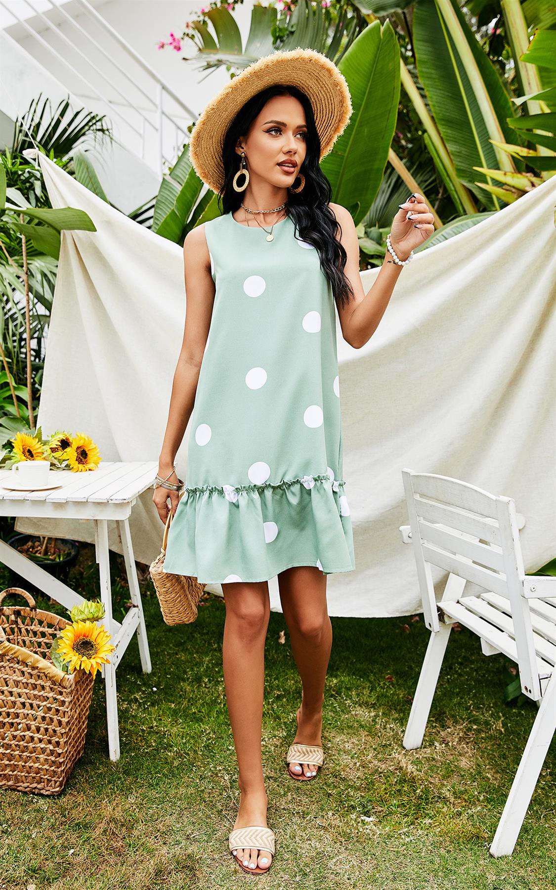 White Polka Print Frill Mini Dress In Mint Green