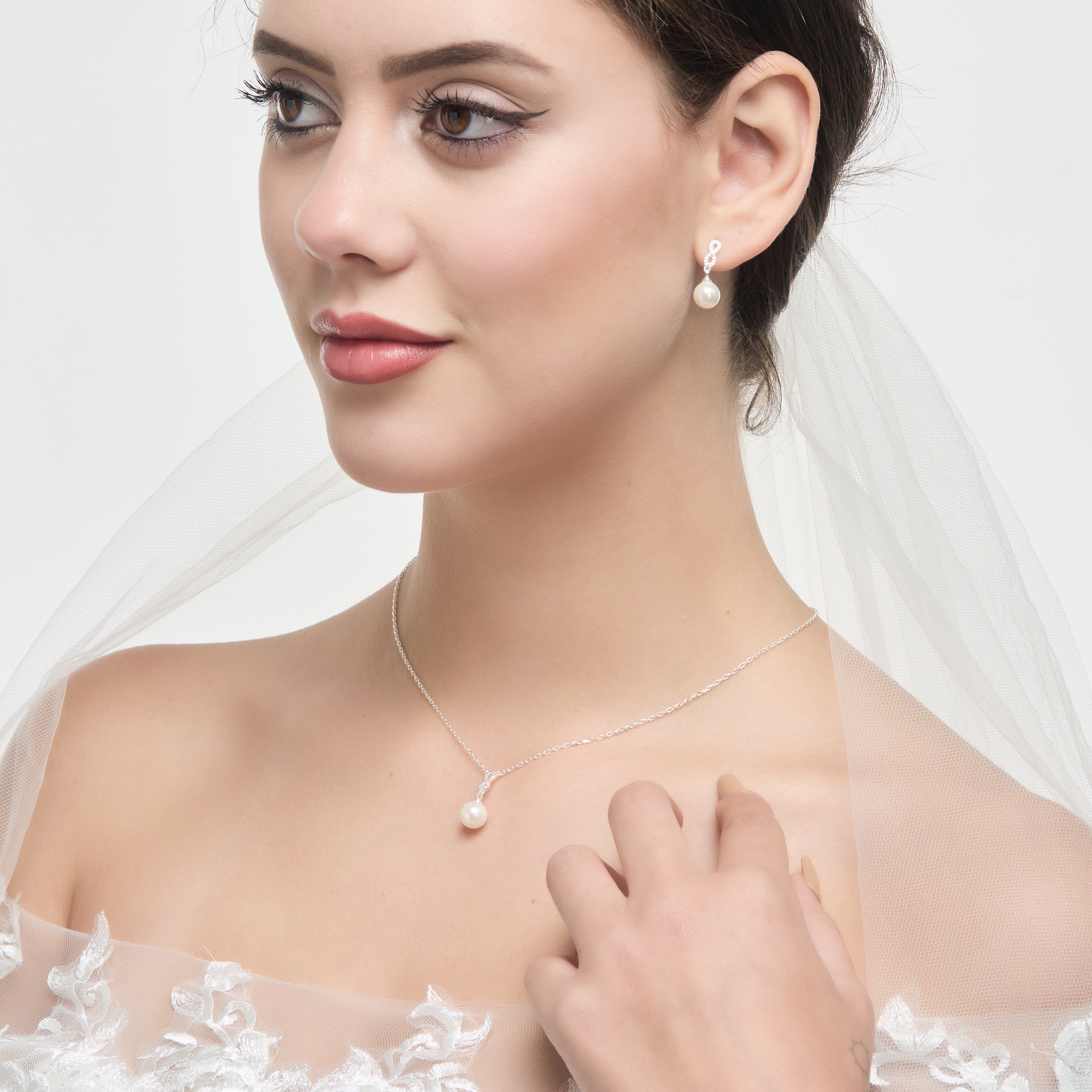 Silver Plated I Couldn't Say I Do Without You Infinity Pearl Drop Set with Zircondia® Crystals