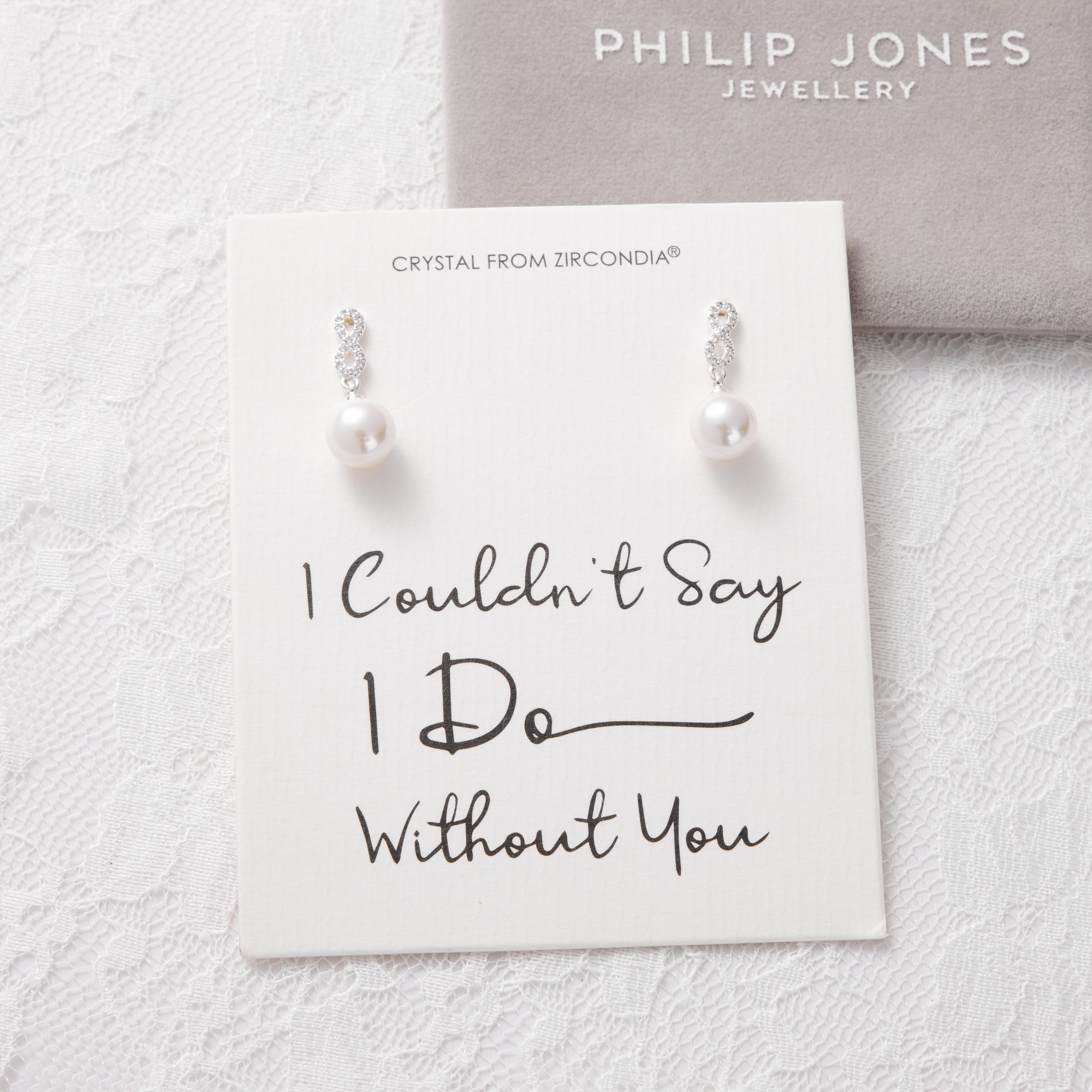 Silver Plated I Couldn't Say I Do Without You Infinity Pearl Drop Earrings with Zircondia® Crystals