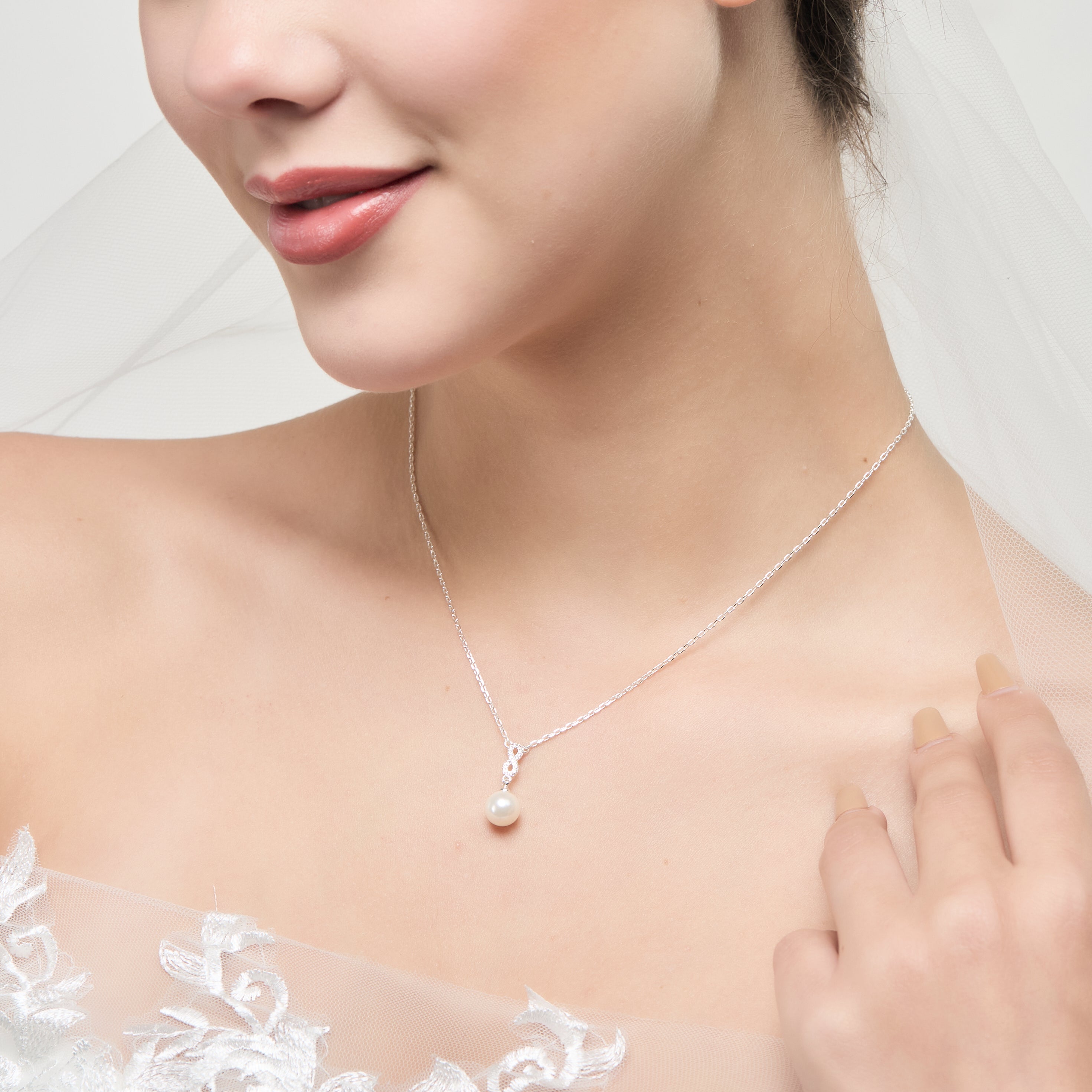 Silver Plated I Couldn't Say I Do Without You Infinity Pearl Wedding Drop Necklace with Zircondia® Crystals