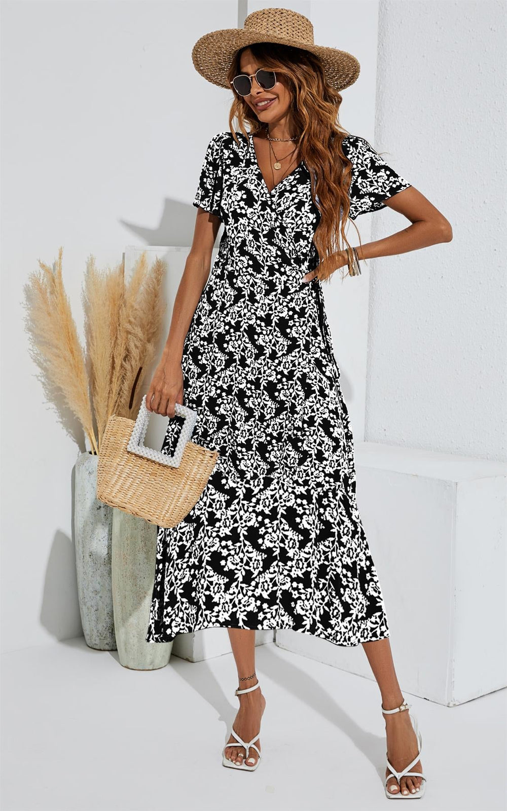 White Floral Print Wrap Midi Dress In Black