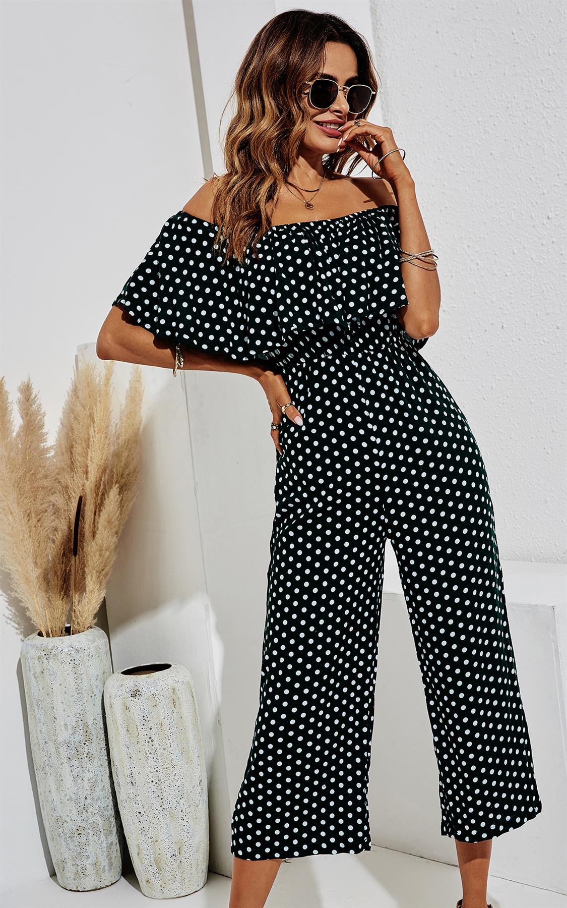Off The Shoulder Frill Jumpsuit In Black & White Polka Dot