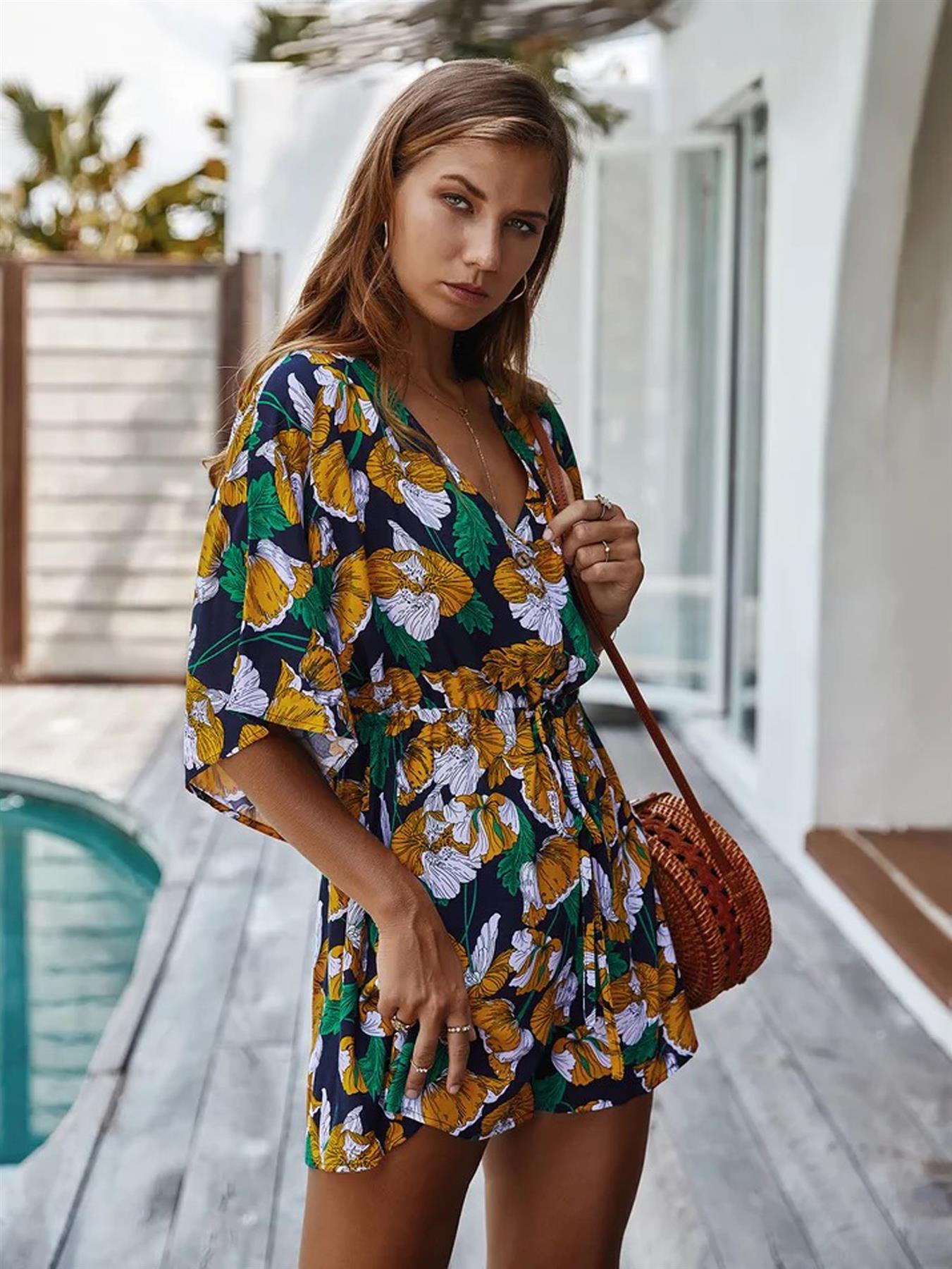 V Neck Playsuit In Navy & Green & Yellow