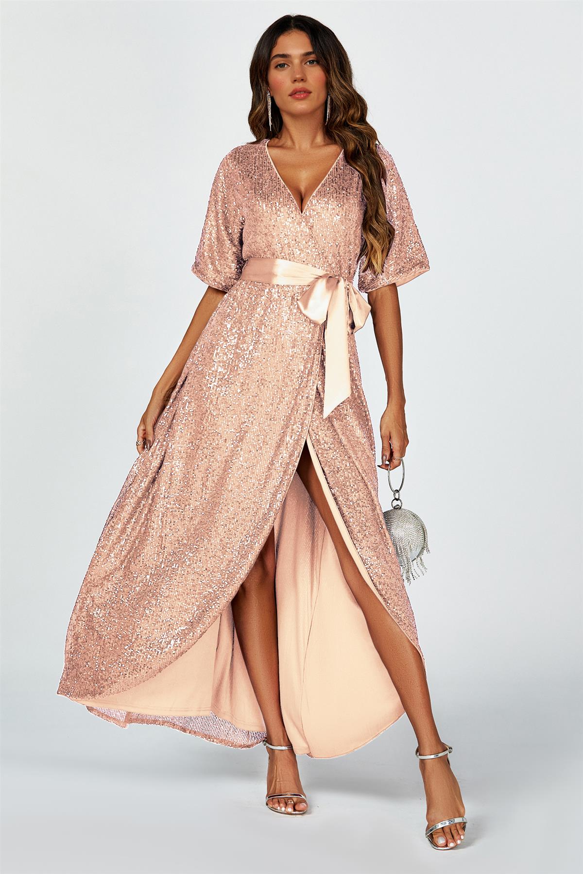 Wrap Style Sequin Maxi Dress In Gold