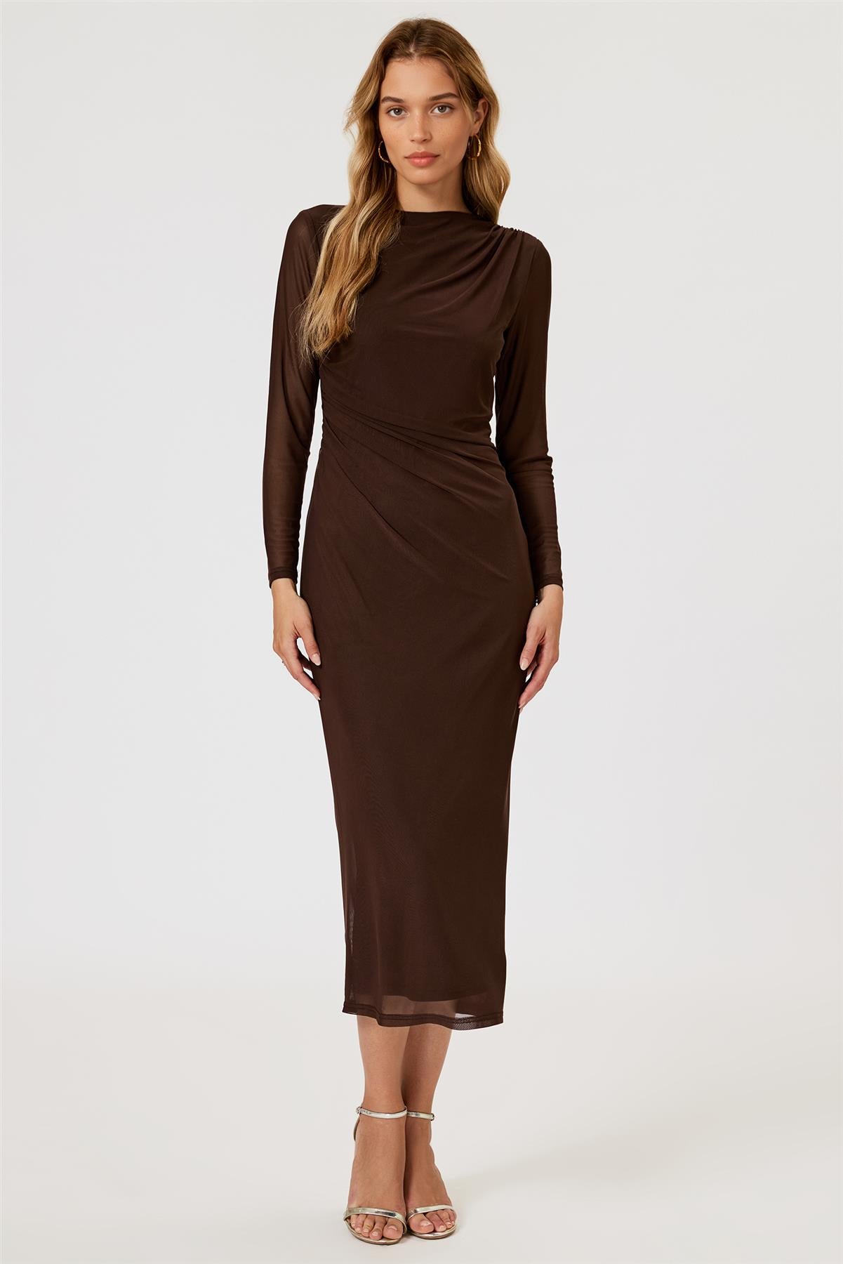 Long Sleeves Mesh Midi Dress In Brown