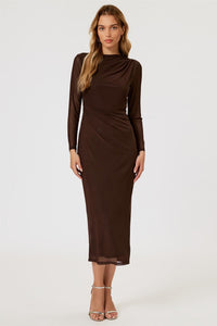 Long Sleeves Mesh Midi Dress In Brown