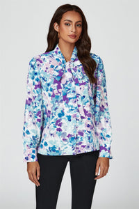 Abstract Floral Print Tie Detail long sleeve Blouse Top In Blue