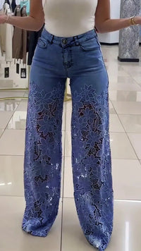 Women's Y2K High Waist Lace Hollow Out Wide Leg Jeans Floral Straight Leg Denim Trousers