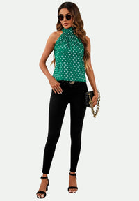 Polka Dot Print Halter Neck Tie Back Top In Green