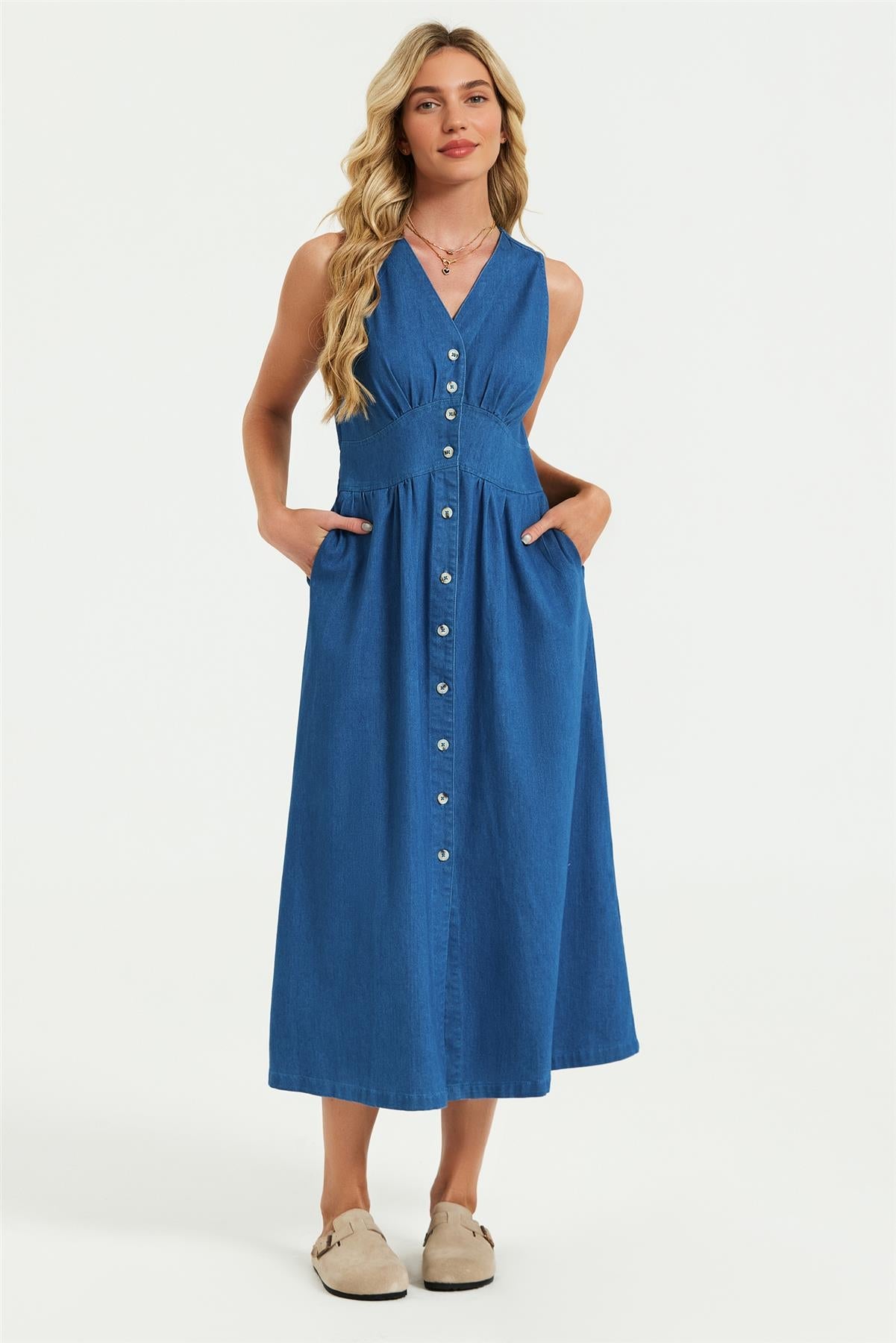 Button Down Denim Midi Dress In Blue