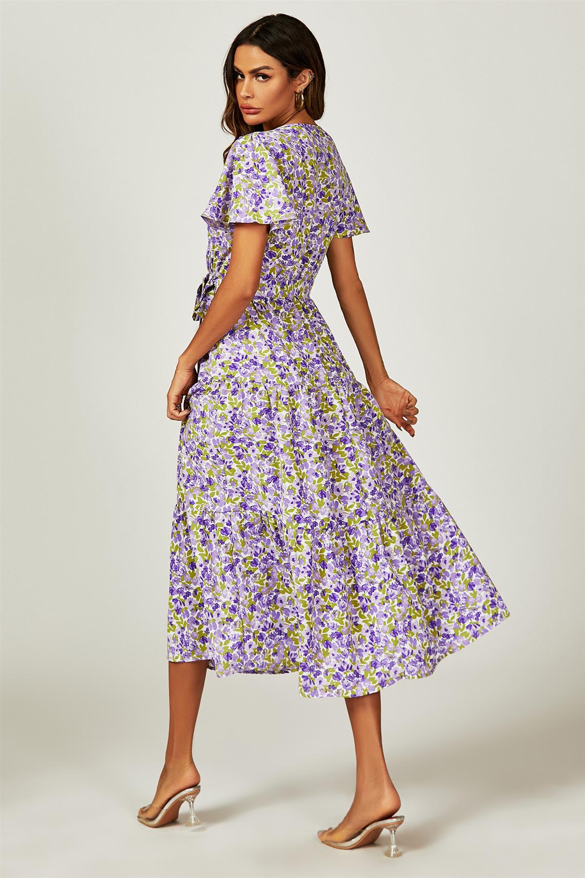 Floral Print Hem Tiered Wrap Midi Dress In Purple