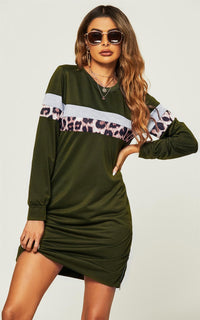 Relaxed Tunic Sweatshirt Mini Dress With White Animal Stripe In Olive Green