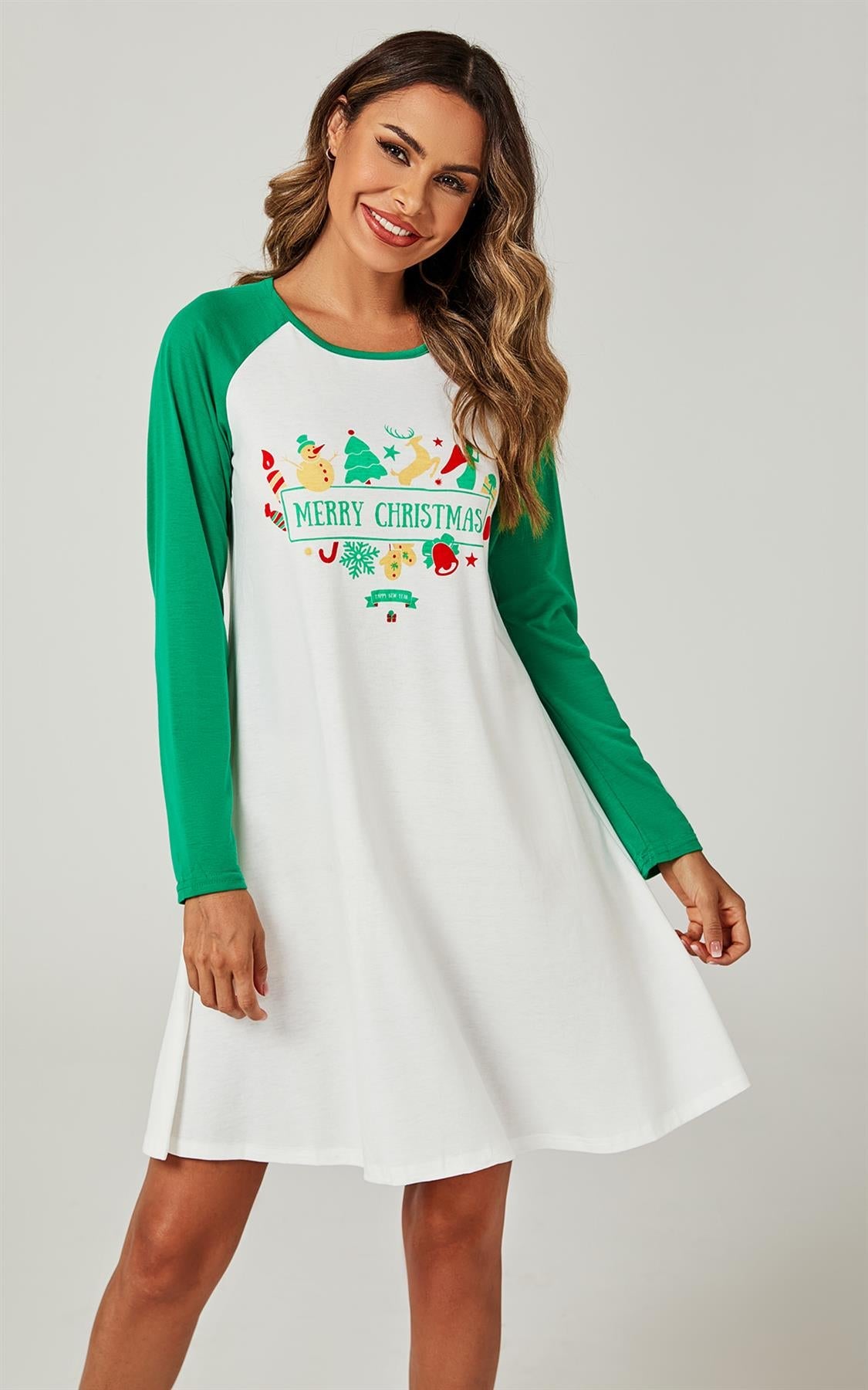Christmas Nightgown Holiday Sleepwear Mini Dress In White & Green