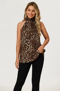 Leopard Print Foil Halter Neck Tie Back Top In Brown