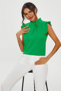 Frill Trim Sleeve High Neck Blouse Top In Light Green