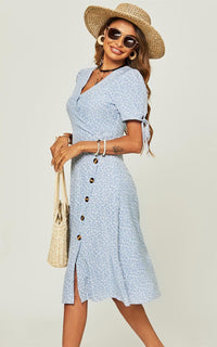 Side Zip Button Detail Floral Print Midi Wrap Dress In Blue