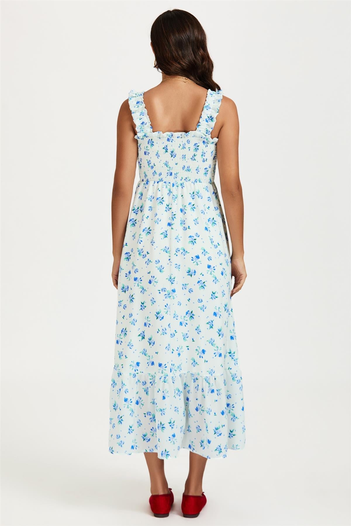 Floral Print Hem Detail Maxi Dress In White