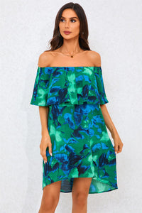 Abstract Floral Print Bardot Frill Off Shoulder Mini Dress In Green