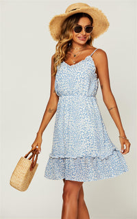 Leopard Print Hem Frill Detail Wrap Strappy Mini Dress In Blue