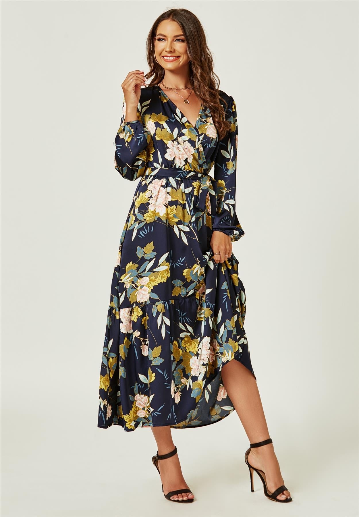 Feminine Floral Print Long Sleeve Wrap Midi Dress In Navy