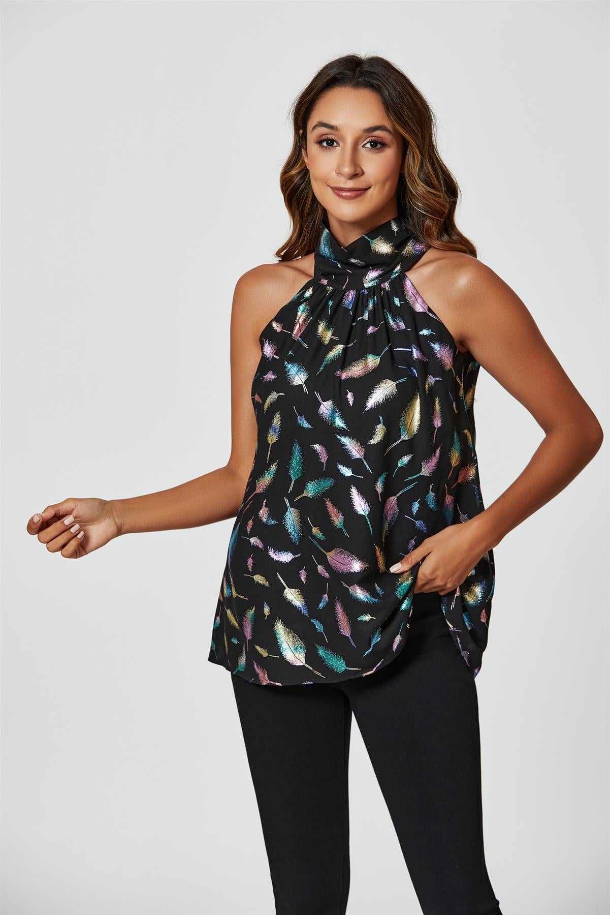 Rainbow Leaf Foil Star Halter Neck Tie Back Top In Black