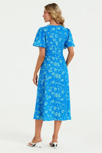 Green Floral Print Angel Sleeve Midi Dress In Blue