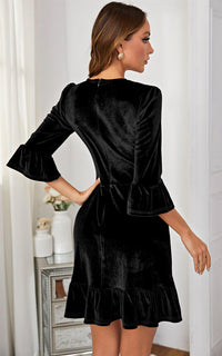 Velvet Frill Detail Mini Dress In Black