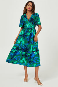Abstract Floral Print Lace Detail Angel Sleeve Maxi Dress In Green