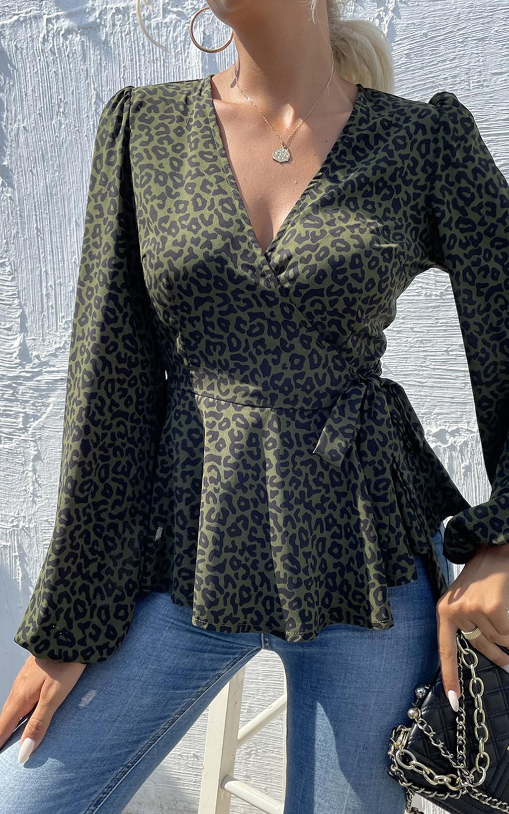 Long Sleeve V Neck Wrap Top/Blouse In Olive Green