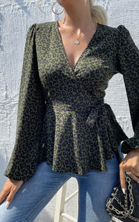 Long Sleeve V Neck Wrap Top/Blouse In Olive Green