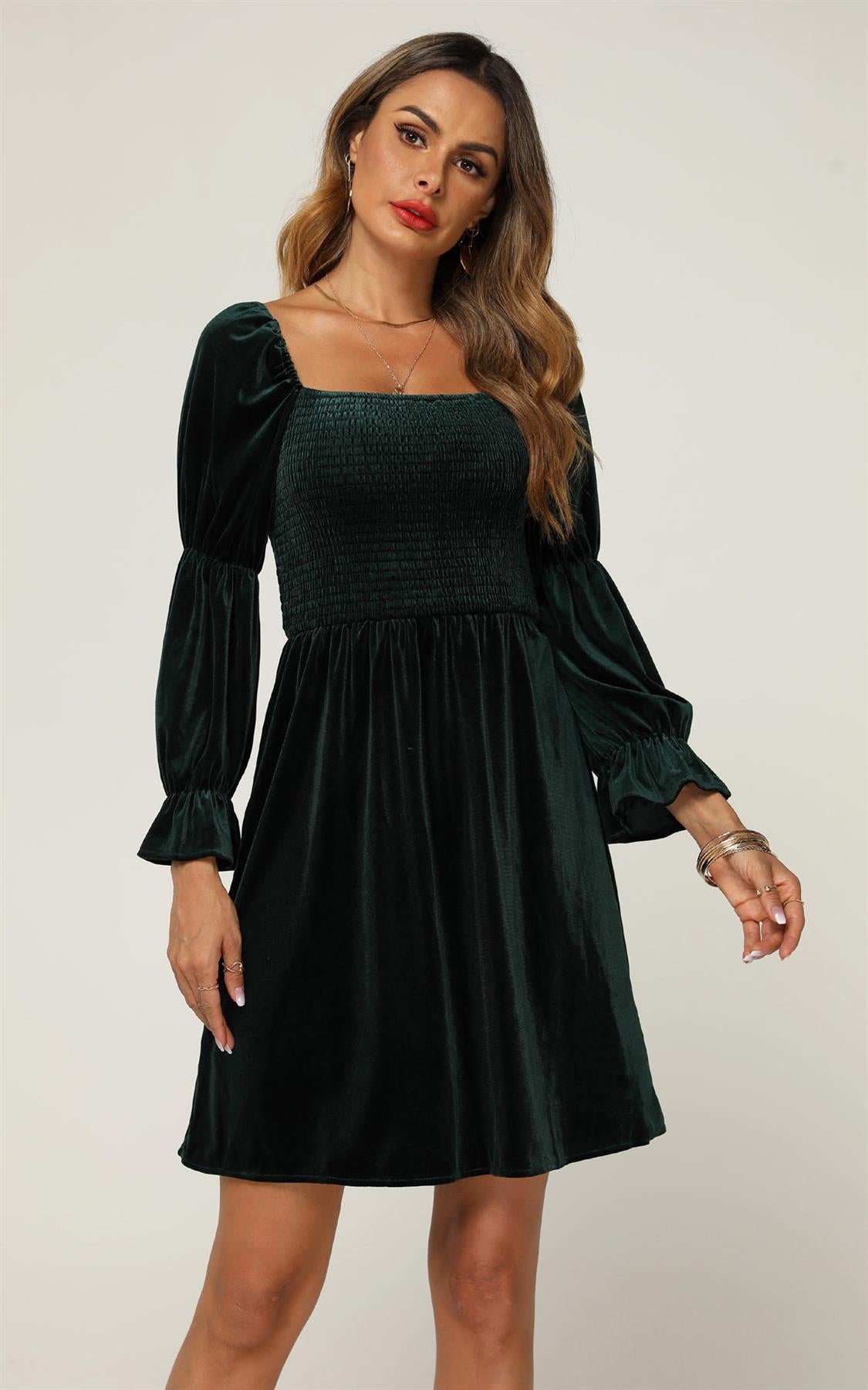 Velvet Square Neck Puff Sleeve Mini Dress In Forest Green