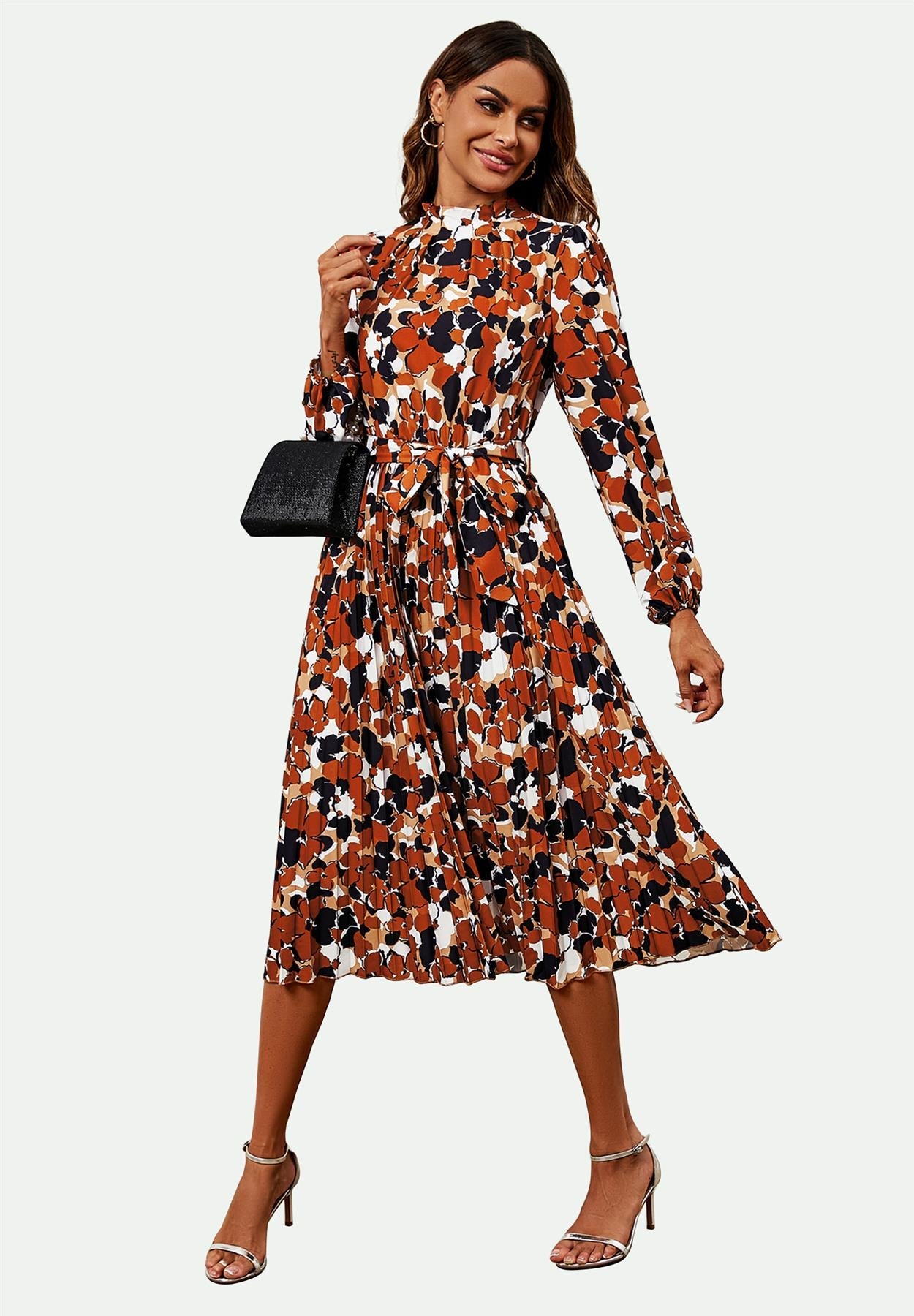 High Neck Long Sleeve Midi Dress In Rust