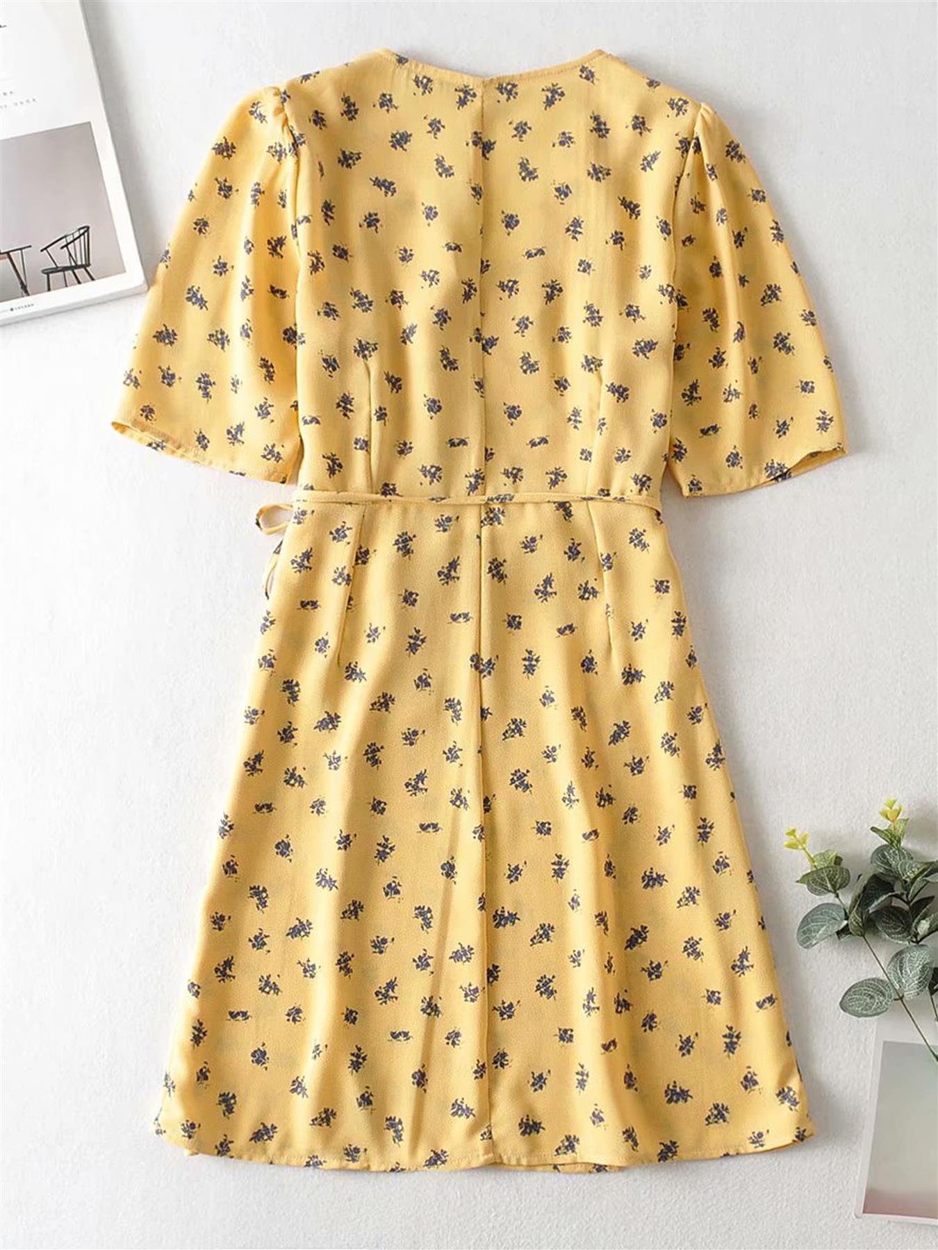 Puff Sleeve Mini Tea Dress In Yellow & lavender Print
