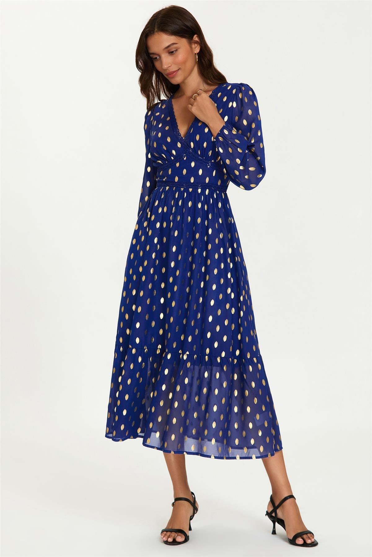Lace Trim Foil Long Sleeve Maxi Dress In Royal Blue
