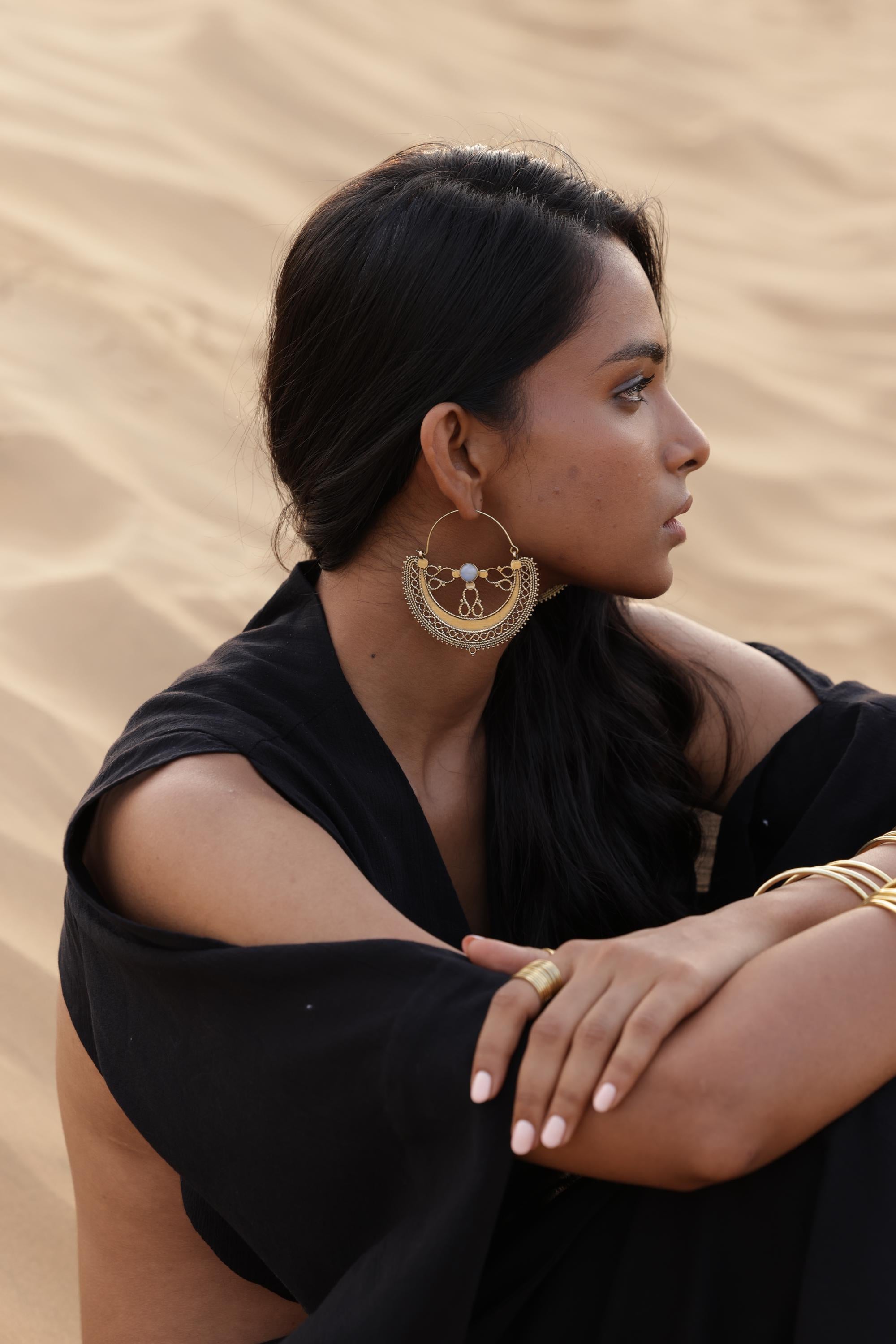 Filigree Crescent Moon Earrings with Gemstone.