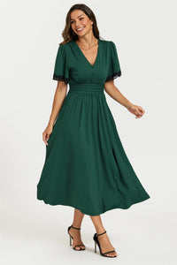 Lace Trim Jersey Midi Dress In Green