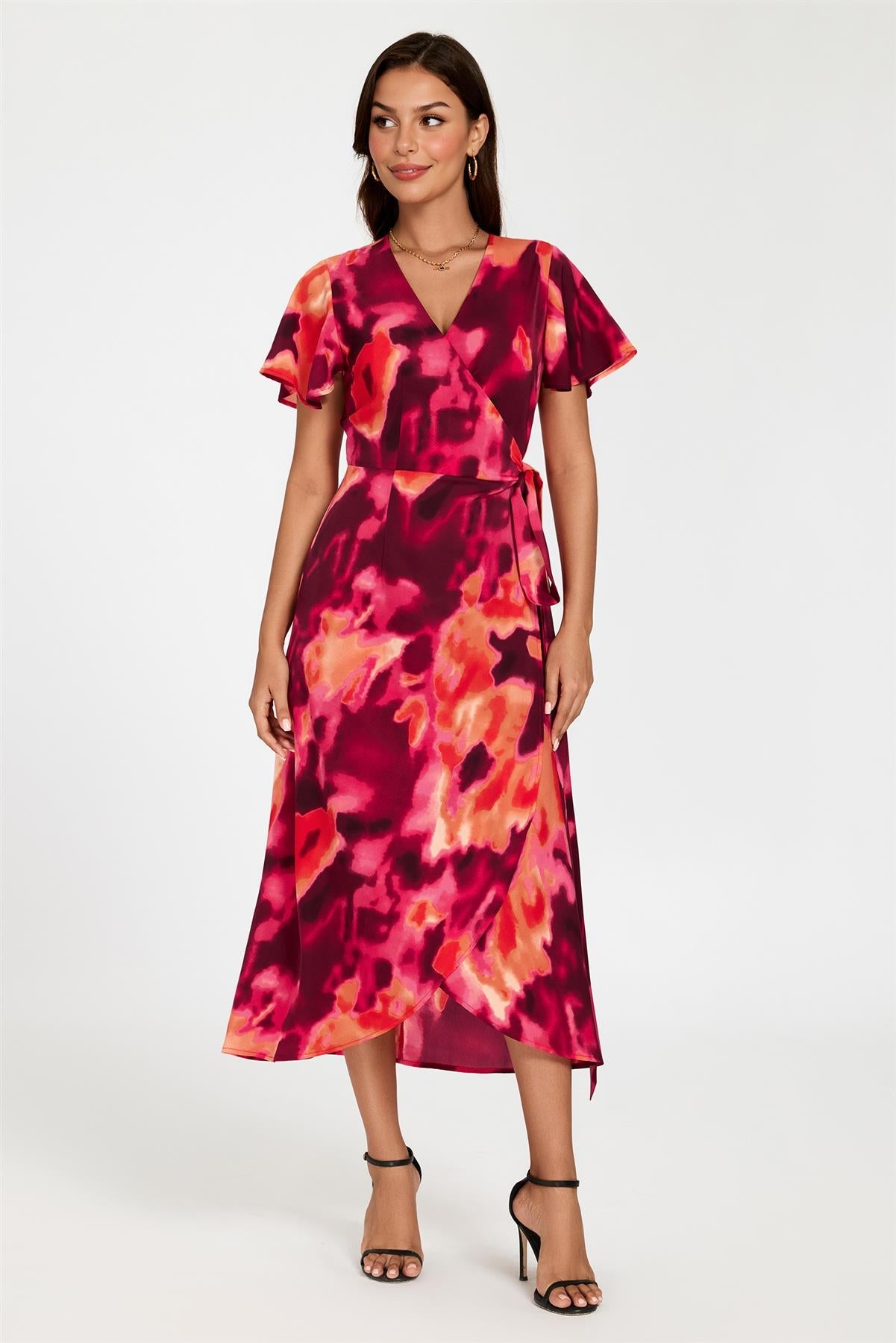 Abstract Print Wrap Maxi Dress In Burgundy